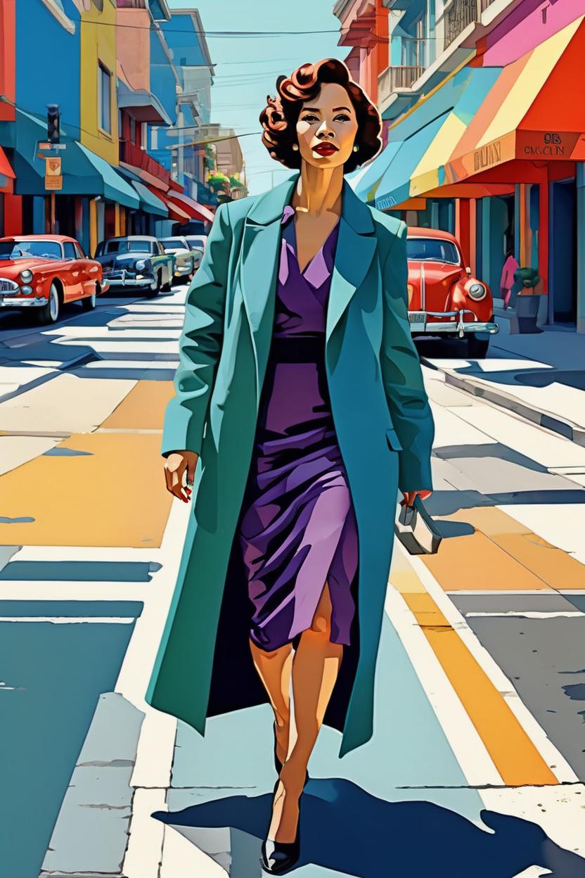 Artificial Intelligence (AI) generated image art, (...) portrait, editorial illustration beautiful woman walking in the street, modern art deco, colorful, christopher balaskas, victor ngai, rich grainy texture, detailed, dynamic composition, wide angle, moebius, matte print\\\\\\\\\\\\\\\\\\\\\\\\\\\\\\\"