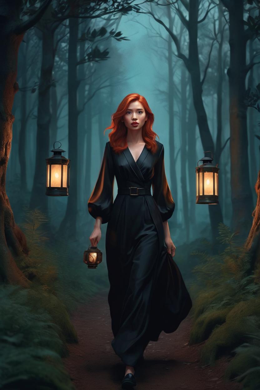 Artificial Intelligence (AI) generated image art, ..., ((portrait)), beautiful red hair, dressed in a black gown, highly detailed illustration, walking through a dark forest holding a lantern at midnight, deep focus, d & d, fantasy, intricate, elegant, highly detailed, digital painting, artstation, concept art, sunset, matte, sharp focus, pouty lips, ultrarealistic, shot in the style of Wes Anderson, Mysterious and seductive atmosphere