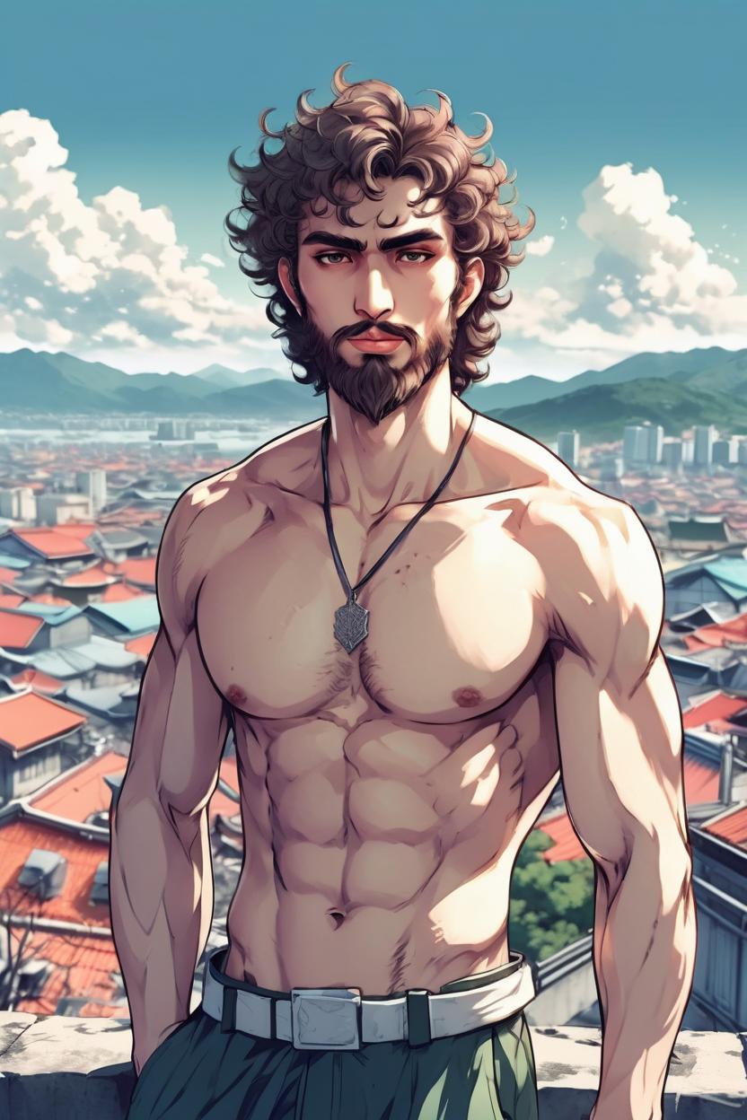 Artificial Intelligence (AI) generated image art, (...), Beautiful well-formed male, (Kentaro Miura manga book style), illustration, manga artstyle, portrait and torso, fantasy, landscape, city background