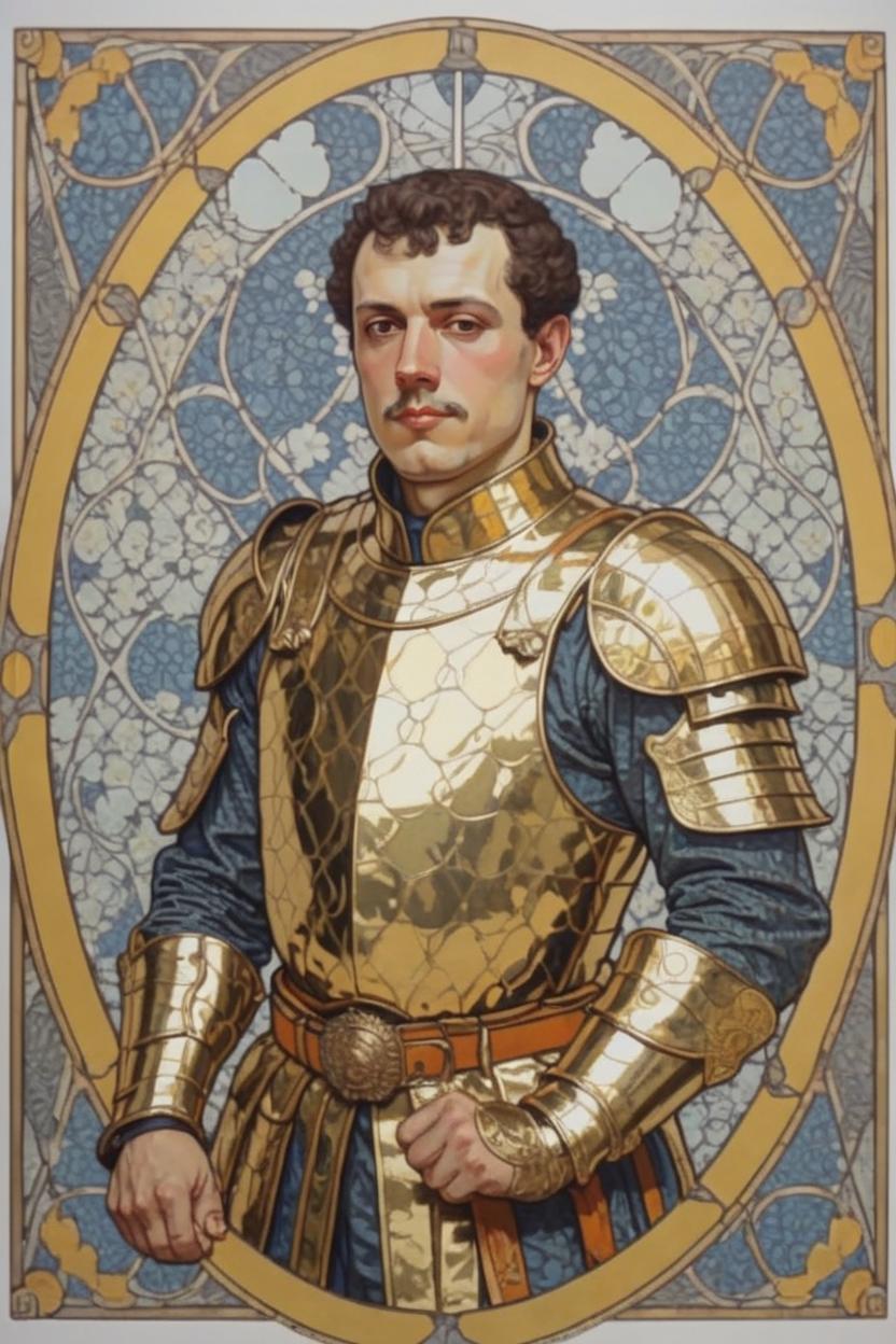 Artificial Intelligence (AI) generated image art, (...), portrait, artwork by Ivan Bilibin, Art Nouveau, as a memlouk knight in golden armor a cimitar in hand