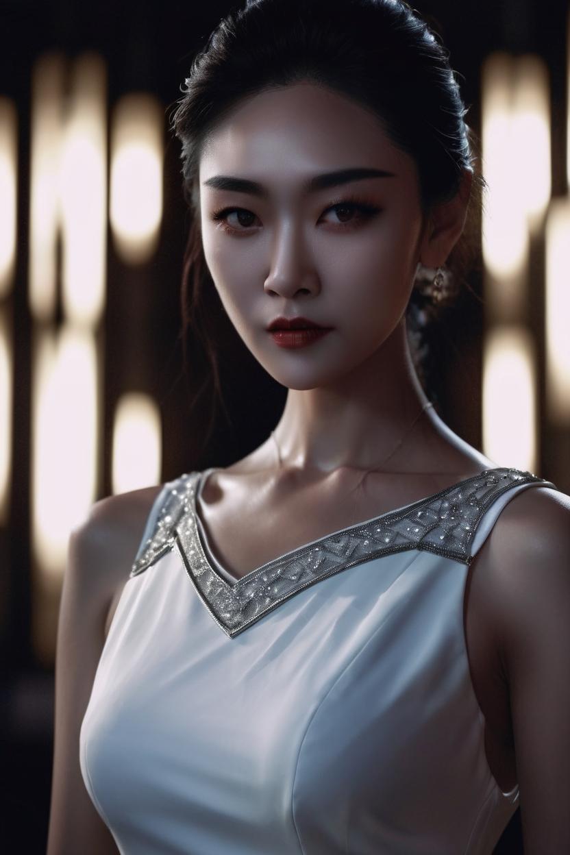 Artificial Intelligence (AI) generated image art, ... portrait, haute couture, minimalistic white adherent dress, (chiaroscuro style), photorealistic, beautiful woman, ((dark ambience)), cinematic lighting, highly detailed, sharp focus,4k