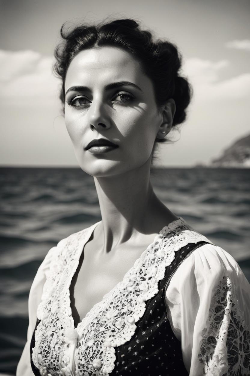 Artificial Intelligence (AI) generated image art, photo of beautiful ..., b&w, 1900 photograph, vintage, portrait, ((photorealistic)), sea in background, art by artgerm, contrast