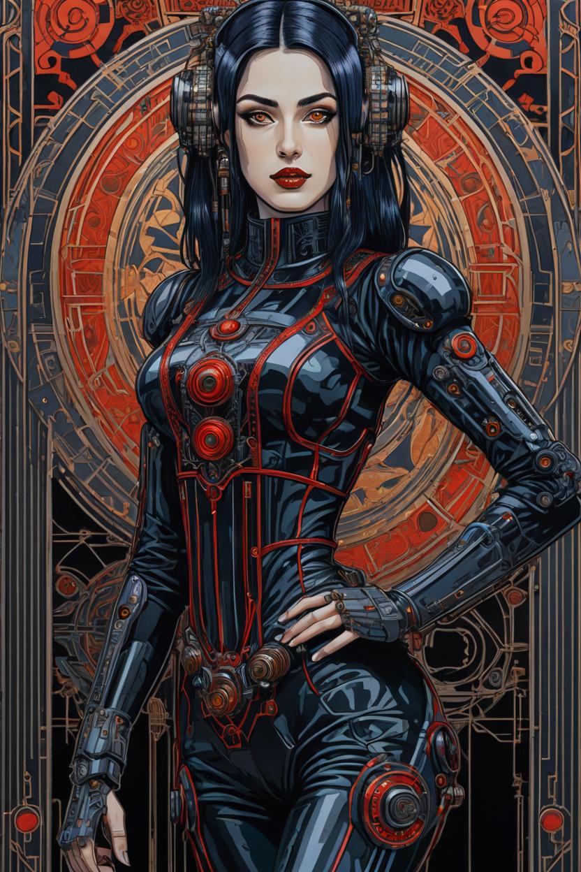 Artificial Intelligence (AI) generated image art, (*...*), portrait, artwork by Ivan Bilibin, Art Nouveau, tarot, cyberpunk, red and black android, cyborg, robotic, with black hair, dark eyes, black irises, full body