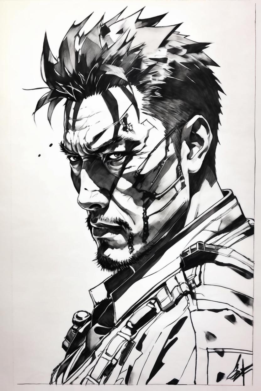 Artificial Intelligence (AI) generated image art, ..., yoji shinkawa style, b&w, pencil drawing, ink,