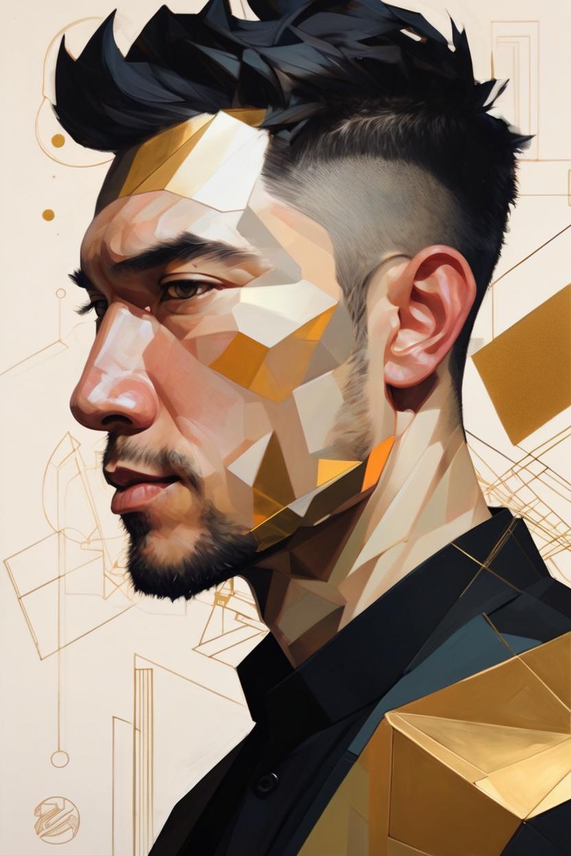 Artificial Intelligence (AI) generated image art, ..., profile picture by Sachin Teng, asymmetrical, Organic Painting , Matte Painting, geometric shapes, hard, black, gold