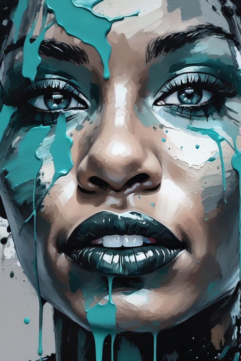 Artificial Intelligence (AI) generated image art, ..., Close up portrait, impasto technique, low angle, detailed eyes, detailed lips, gray teal and black accents, dripping paint, illustration, painting, poster, impressionist, visible brush strokes, splashes, dynamic, sultry lips, seductive expression, painterly aesthetic