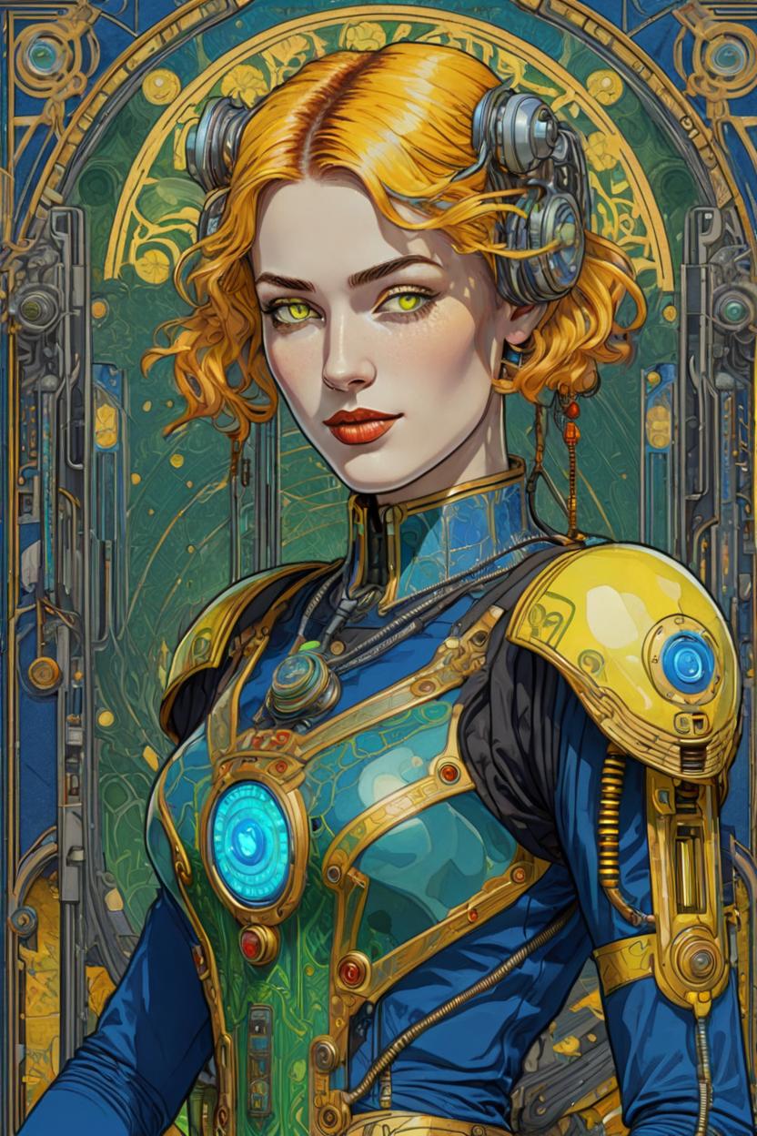 Artificial Intelligence (AI) generated image art, (*...*), portrait, artwork by Ivan Bilibin, Art Nouveau, tarot, cyberpunk, red and blue android, cyborg, robotic, with yellow hair, green eyes, yellow irises, full body