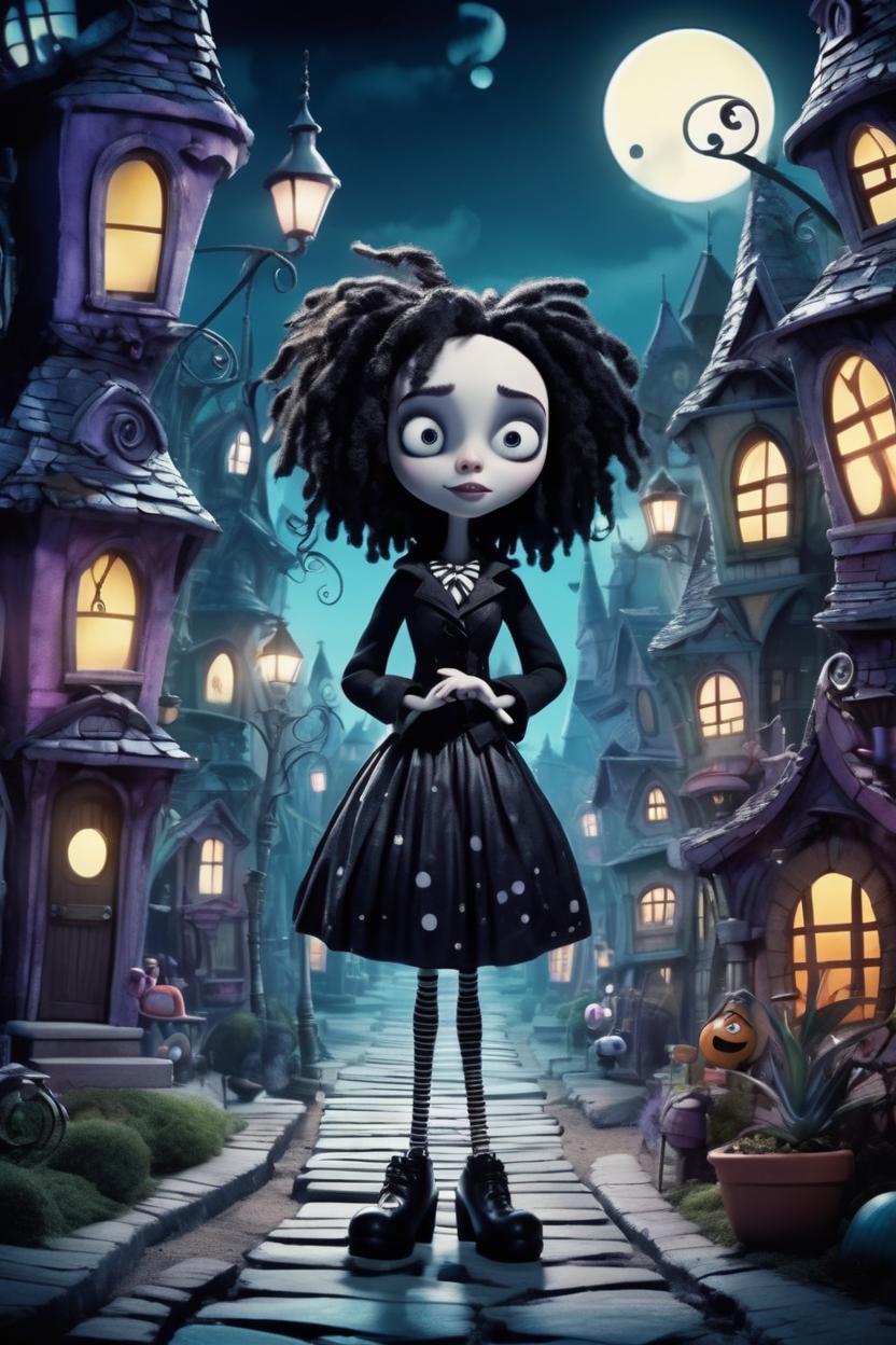 Artificial Intelligence (AI) generated image art, ..., tim burton style animation, in magic town