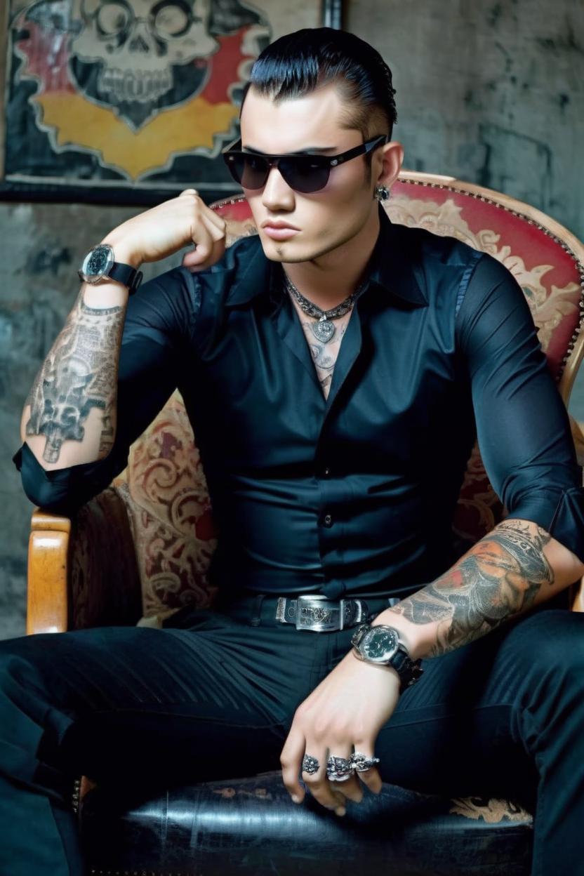 Artificial Intelligence (AI) generated image art, ..., Rolling Stones magazine photoshoot cover, gucci shades, gothic jewelry, black button up designer shirt with sleeves rolled up, Rolex watch, hair slicked back, tattoos, sitting on chair, epic pose