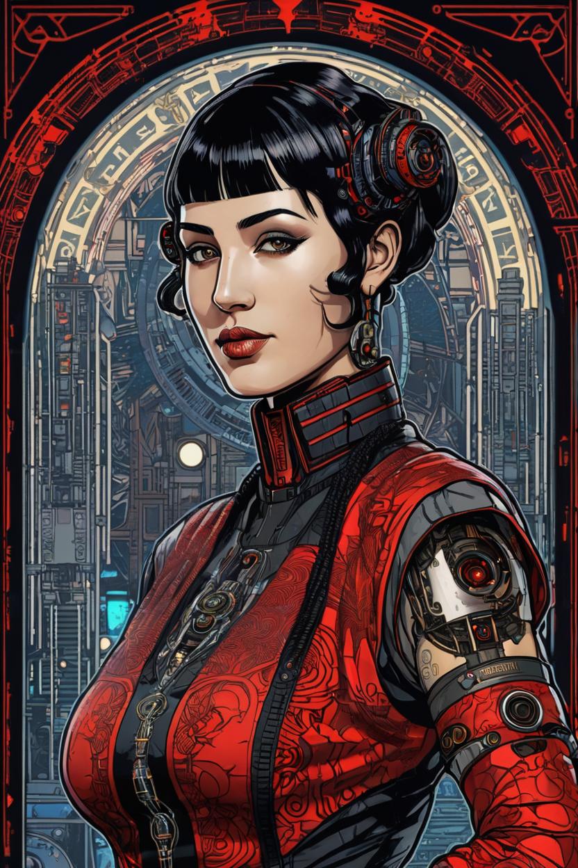 Artificial Intelligence (AI) generated image art, (*...*), portrait, artwork by Ivan Bilibin, Art Nouveau, tarot, cyberpunk, red and black android, cyborg, robotic, with black hair, dark eyes, black irises, full body