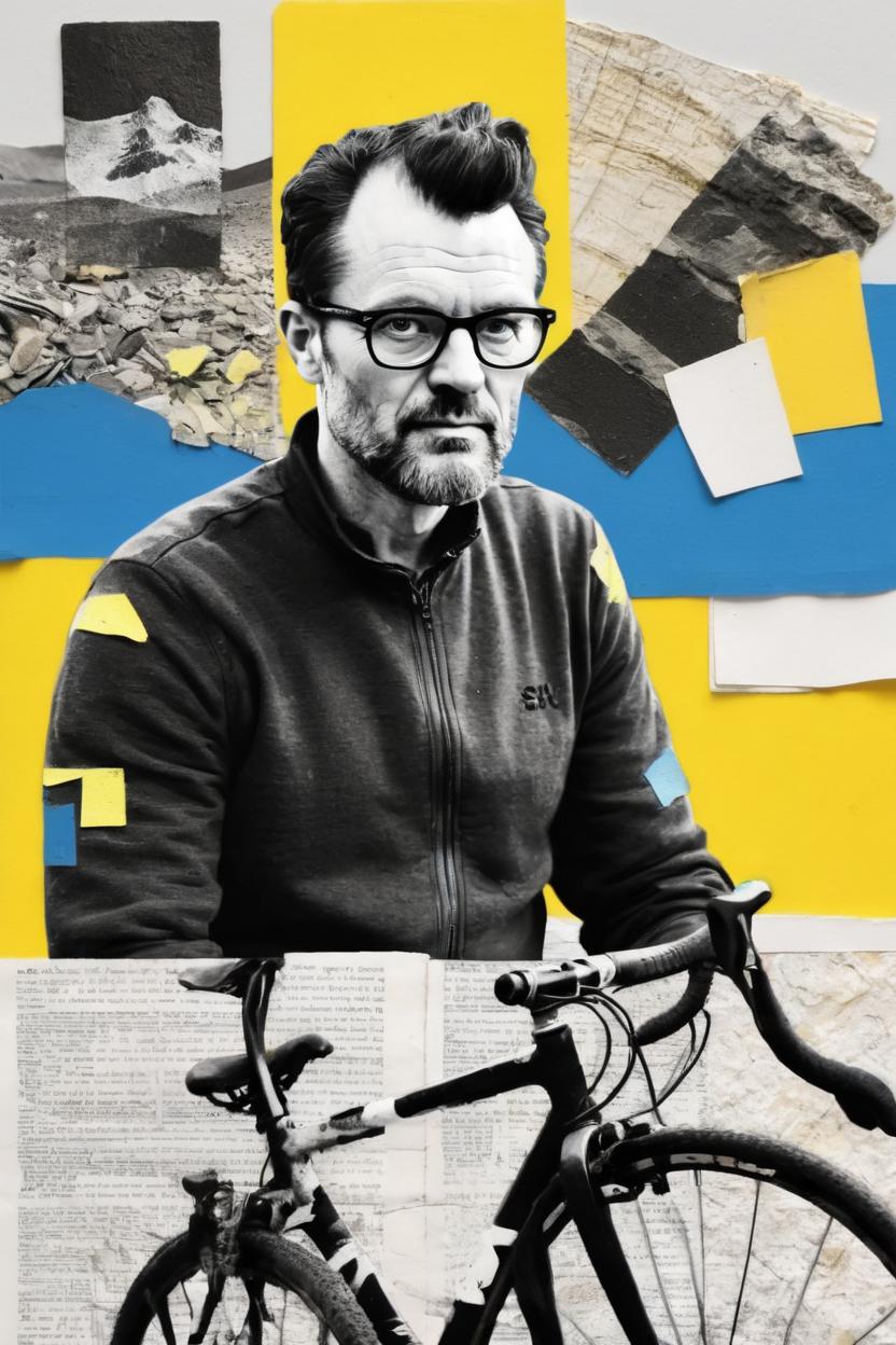 Artificial Intelligence (AI) generated image art, ((..., dada portrait, as age 30, art by Lubaina Himid, cut up portrait, black and white photo)), yellow and blue accent colours, cycling, mountain bike, texture, found objects, Objet Trouvé