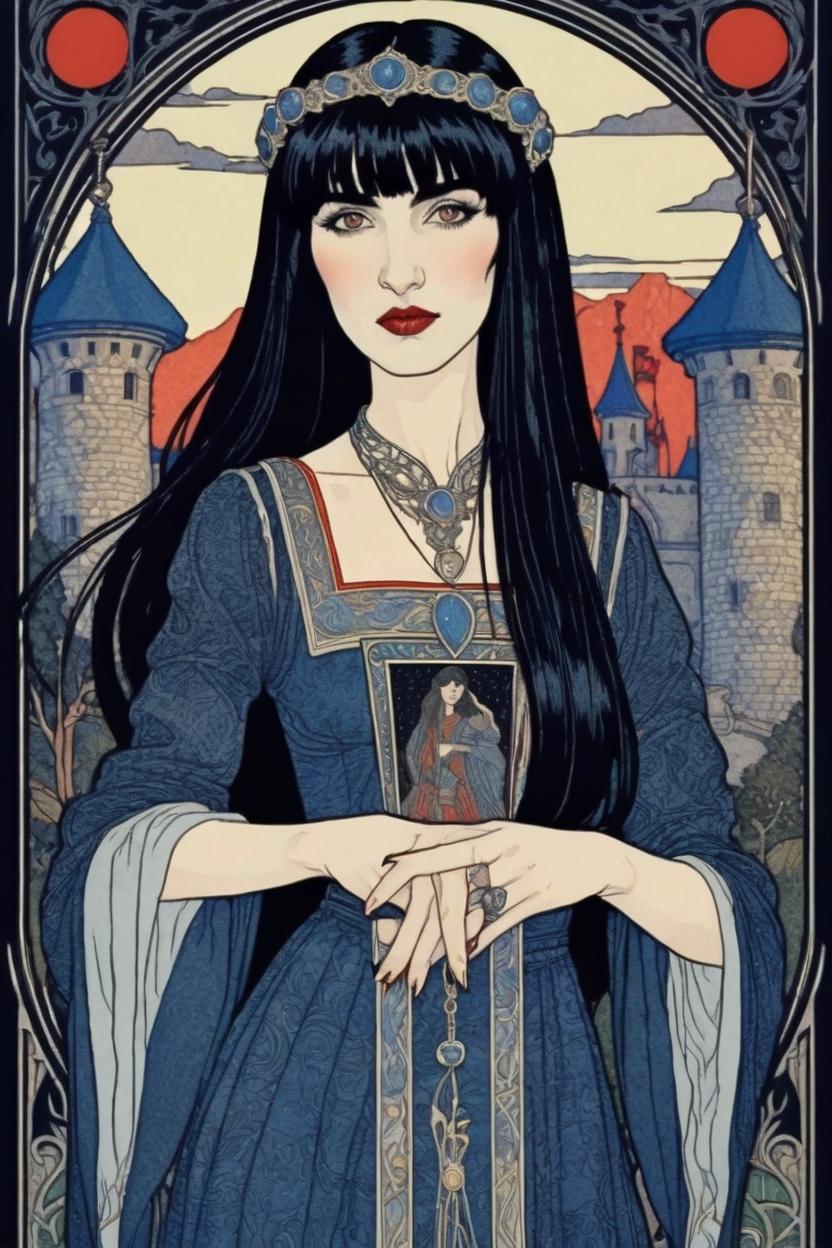 Artificial Intelligence (AI) generated image art, (*...*), portrait, artwork by Ivan Bilibin, Art Nouveau, tarot card, goddess, the lovers, castle in background, black hair, as a vampire