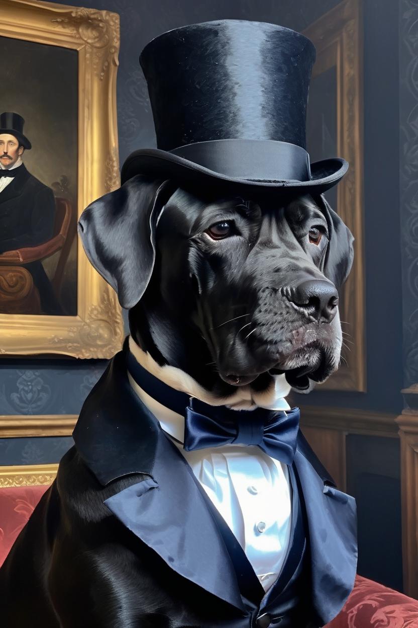 Artificial Intelligence (AI) generated image art, ..., as a victorian lord, oil painting portret, wearing a costume from the 1800s, navy cravat, dark black wallpaper in the background, (identical and realistic head), (realistic), black hat