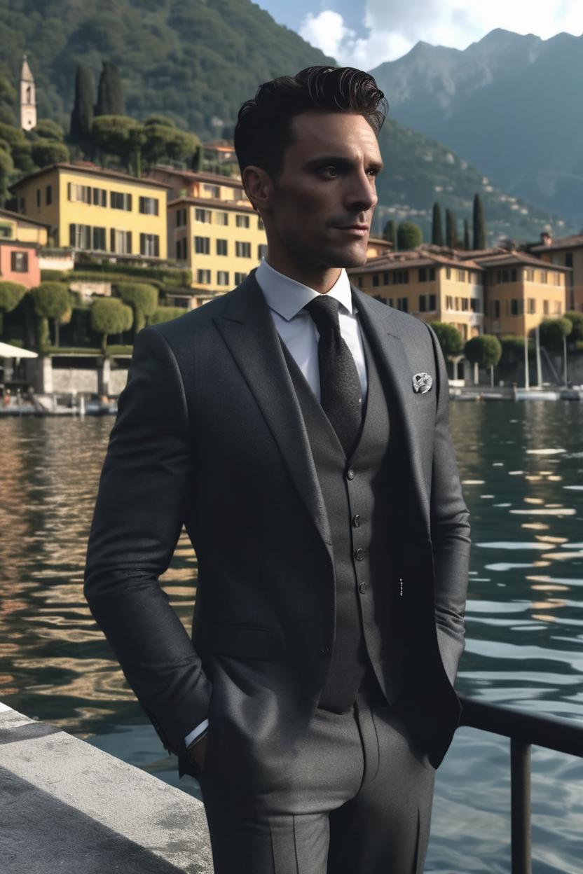 Artificial Intelligence (AI) generated image art, ... old money aesthetic, in dark grey suit at Lake Como, cinematic lighting, highly detailed, 8K