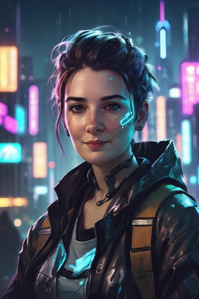 Artificial Intelligence (AI) generated image art, ..., A little cyberpunk, atmospheric, as a portrait with a futuristic city at night in the background concept art