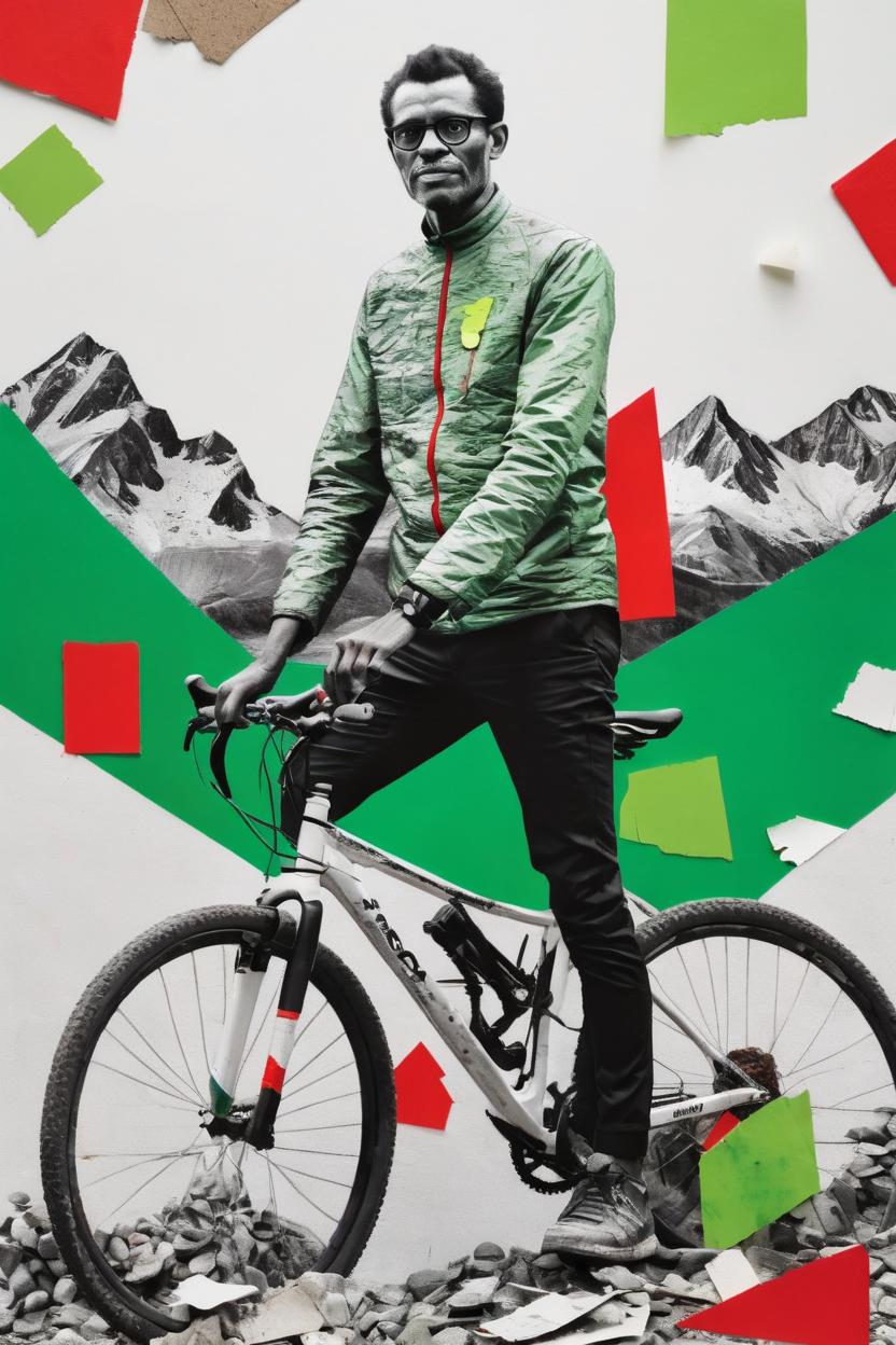 Artificial Intelligence (AI) generated image art, ((..., dada portrait, as age 25, art by Lubaina Himid, cut up portrait, black and white photo)), red and green accent colours, cycling, mountain bike, texture, found objects, Objet Trouvé
