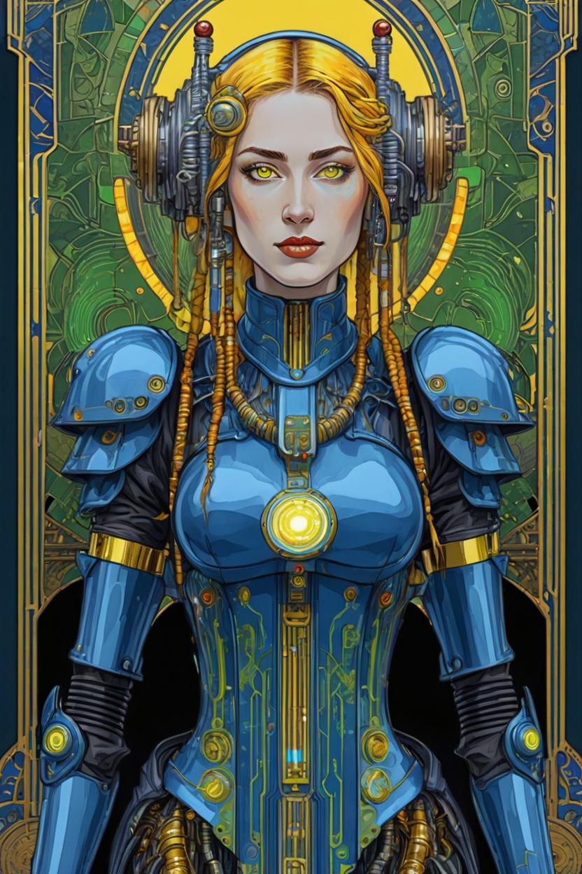 Artificial Intelligence (AI) generated image art, (*...*), portrait, artwork by Ivan Bilibin, Art Nouveau, tarot, cyberpunk, red and blue android, cyborg, robotic, with yellow hair, green eyes, yellow irises, full body