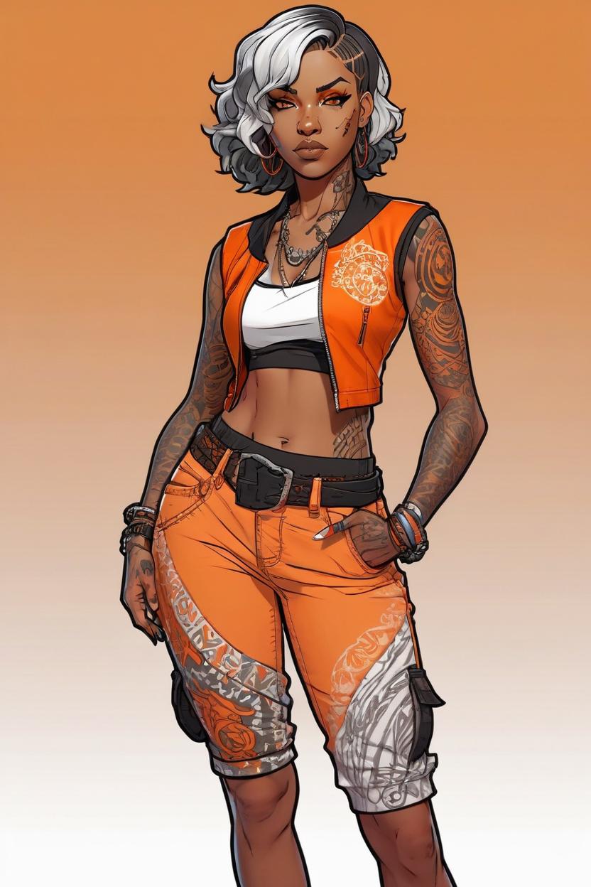 Artificial Intelligence (AI) generated image art, ..., full body view, head to toe, niji style, a stunning female femme fatale with short wavy hair, trendy clothing, orange color scheme, slender, toned body, tribal tattoos, sultry facial expression, urbancore , white and bronze, comics style, anime style