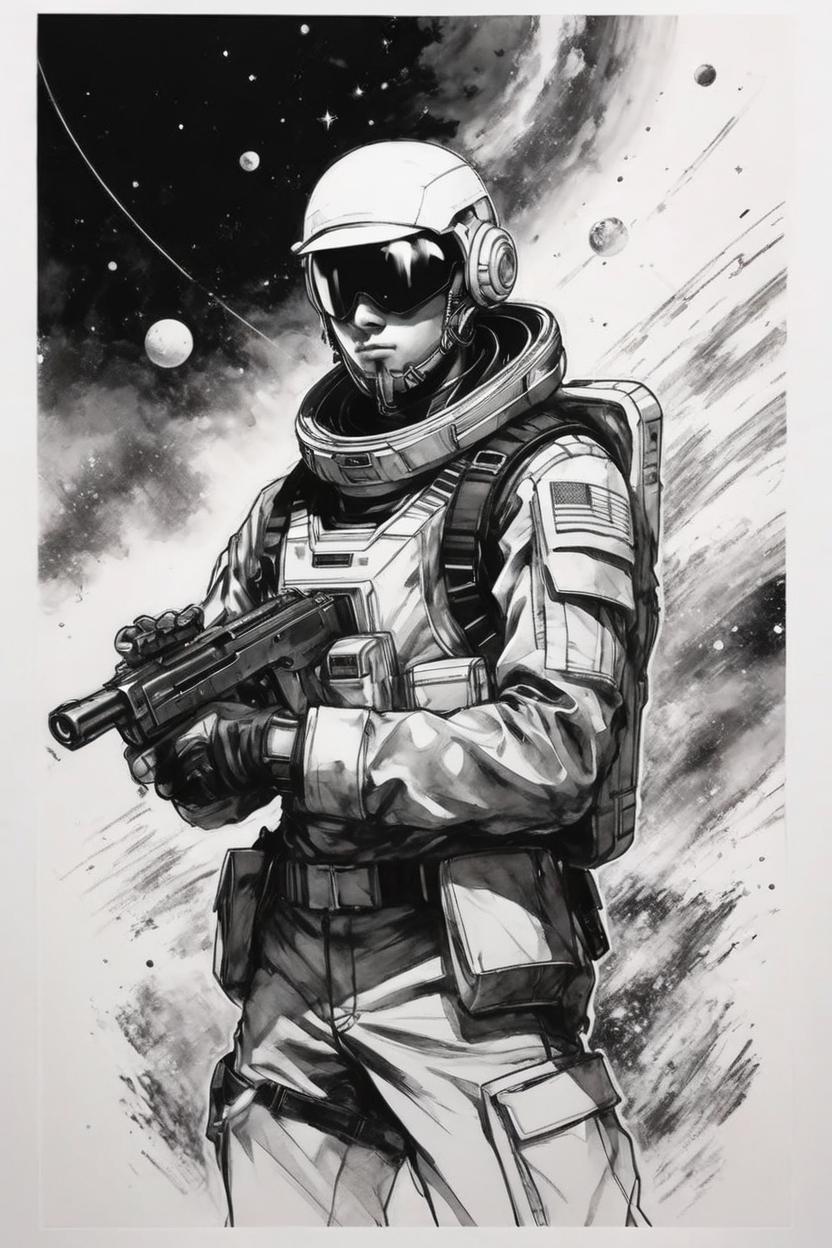 Artificial Intelligence (AI) generated image art, ..., portrait, as space soldier, yoji shinkawa, b&w, ink drawing, ink, manga, concept art