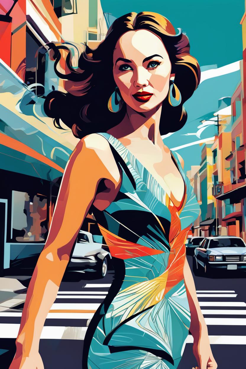 Artificial Intelligence (AI) generated image art, (...) portrait, editorial illustration beautiful woman walking in the street, modern art deco, colorful, christopher balaskas, victor ngai, rich grainy texture, detailed, dynamic composition, wide angle, moebius, matte print\\\\\\\\\\\\\\\\\\\\\\\\\\\\\\\"