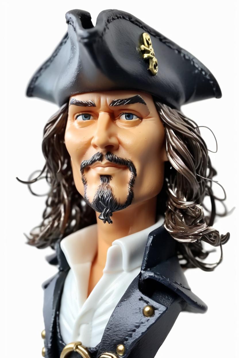 Artificial Intelligence (AI) generated image art, ((...)), Dressed as Captain Sparrow like Johnny Depp, as a figurine, Ken doll, plastic, 8K, White Background