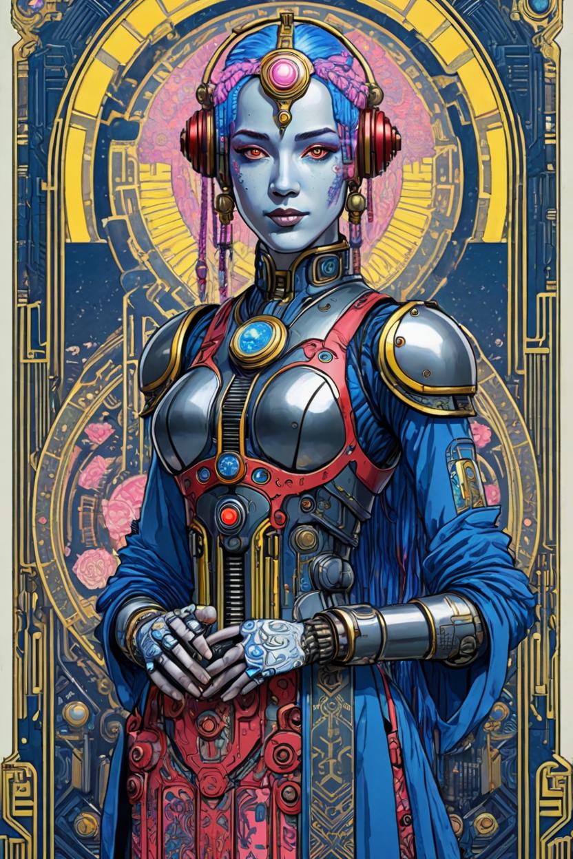 Artificial Intelligence (AI) generated image art, (*...*), portrait, artwork by Ivan Bilibin, Art Nouveau, tarot, cyberpunk, blue and yellow android, cyborg, robotic, with pink hair, white eyes, red irises, full body