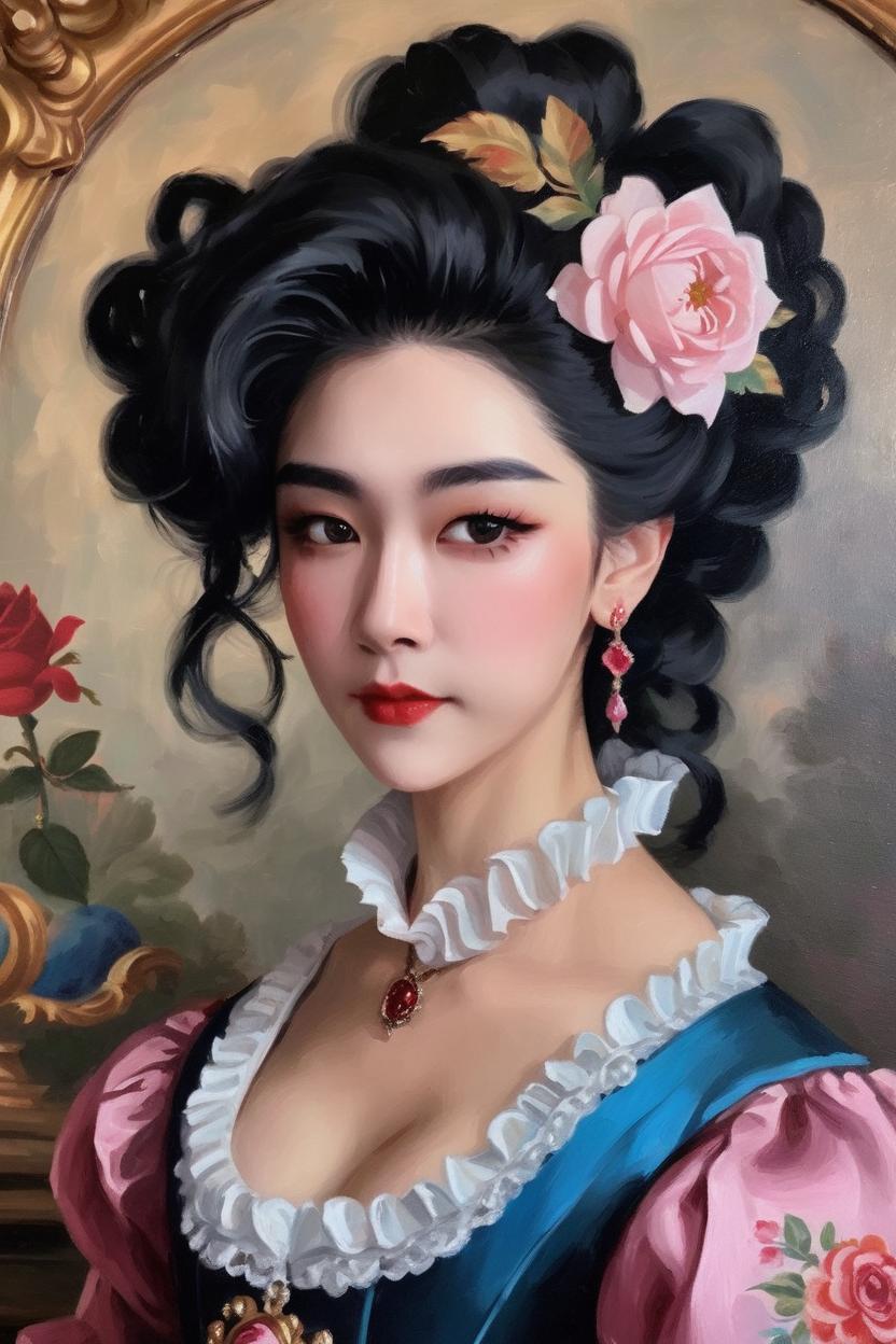 Artificial Intelligence (AI) generated image art, Beautiful woman ..., baroque style portrait, oil painting, romantic wearing Versailles style clothing and hair, featuring a rose