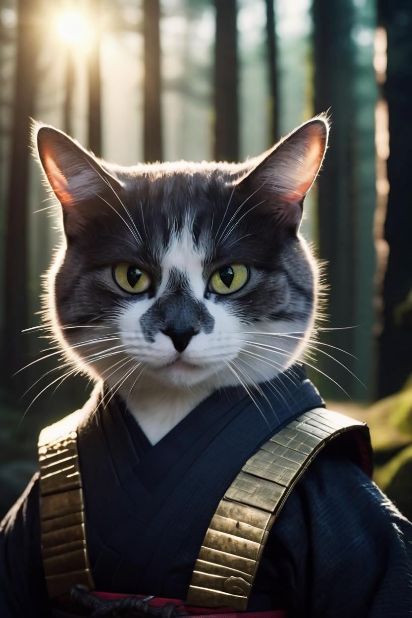 Artificial Intelligence (AI) generated image art, portrait of a cute samurai ..., anthropomorphic, cinematic lighting, forest