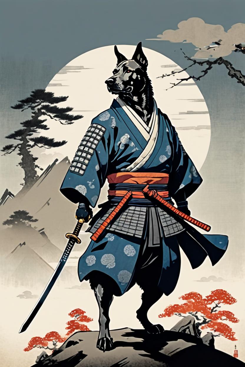 Artificial Intelligence (AI) generated image art, ((...)), (ukiyo-e), as a Samurai, anthropomorphic, noble warrior, looking into the distance, sword sheathed, half flopped ears