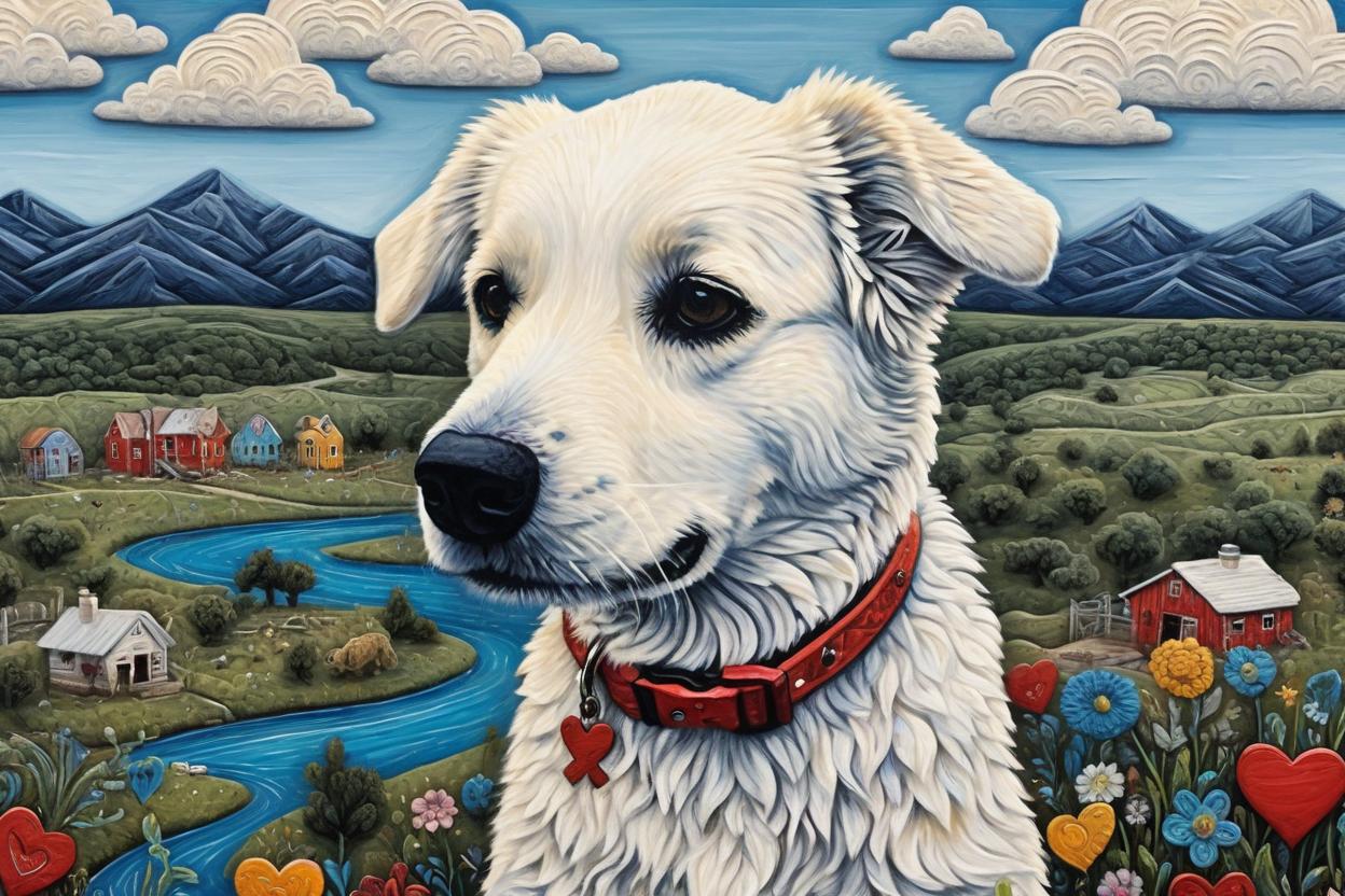 Artificial Intelligence (AI) generated image art, ..., cute, ((dog)), rescued with love, state of texas background, intricate detailed, fine details, artsy, fantasy painting