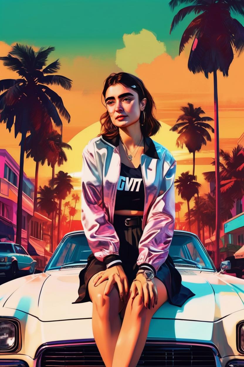 Artificial Intelligence (AI) generated image art, ..., on a GTA IV original poster, in a GTA art style, as a beautiful gangster woman, sitting on a hood of an expensive, retro car, Miami street in the background, plam trees and sunset, vibrant colors