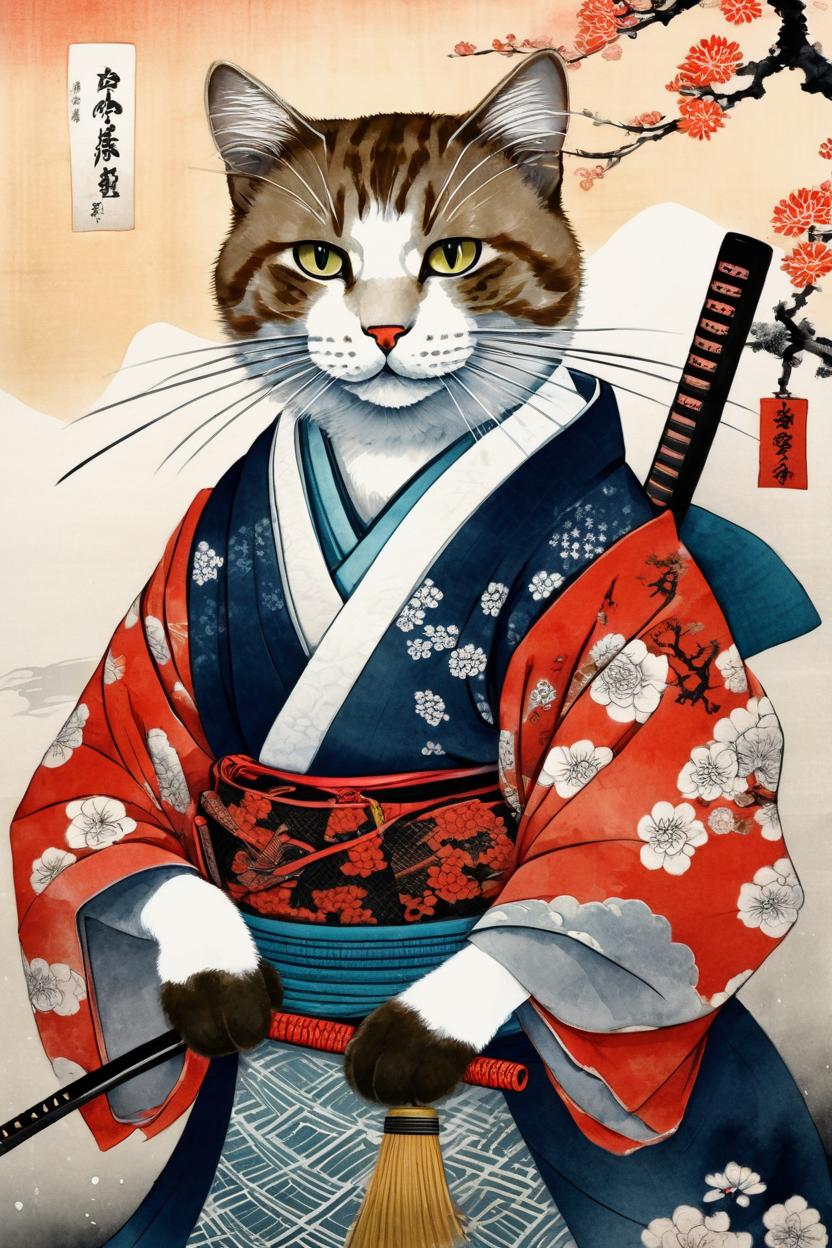 Artificial Intelligence (AI) generated image art, anthropomorphic ... samurai, kimono, katana, well lighted. ukiyo-e paintings, bonsai,