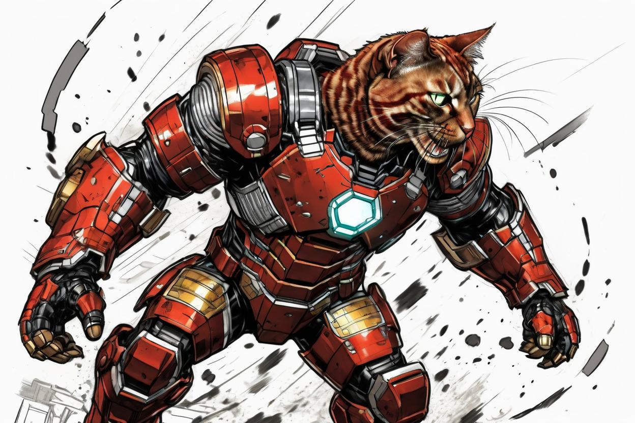 Artificial Intelligence (AI) generated image art, ..., in Hulkbuster armor fighting Marvel's Black Widow, concept art, colored ink drawing, Yoji Shinkawa style