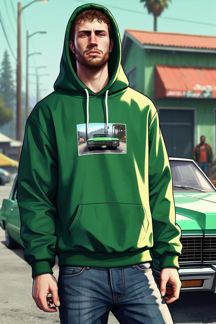 Artificial Intelligence (AI) generated image art, ..., on a GTA San Andreas artwork, 2D digital art style, GTA art, as a cool gangster, dressed in jeans and green hoodie, a cadillac car in the background
