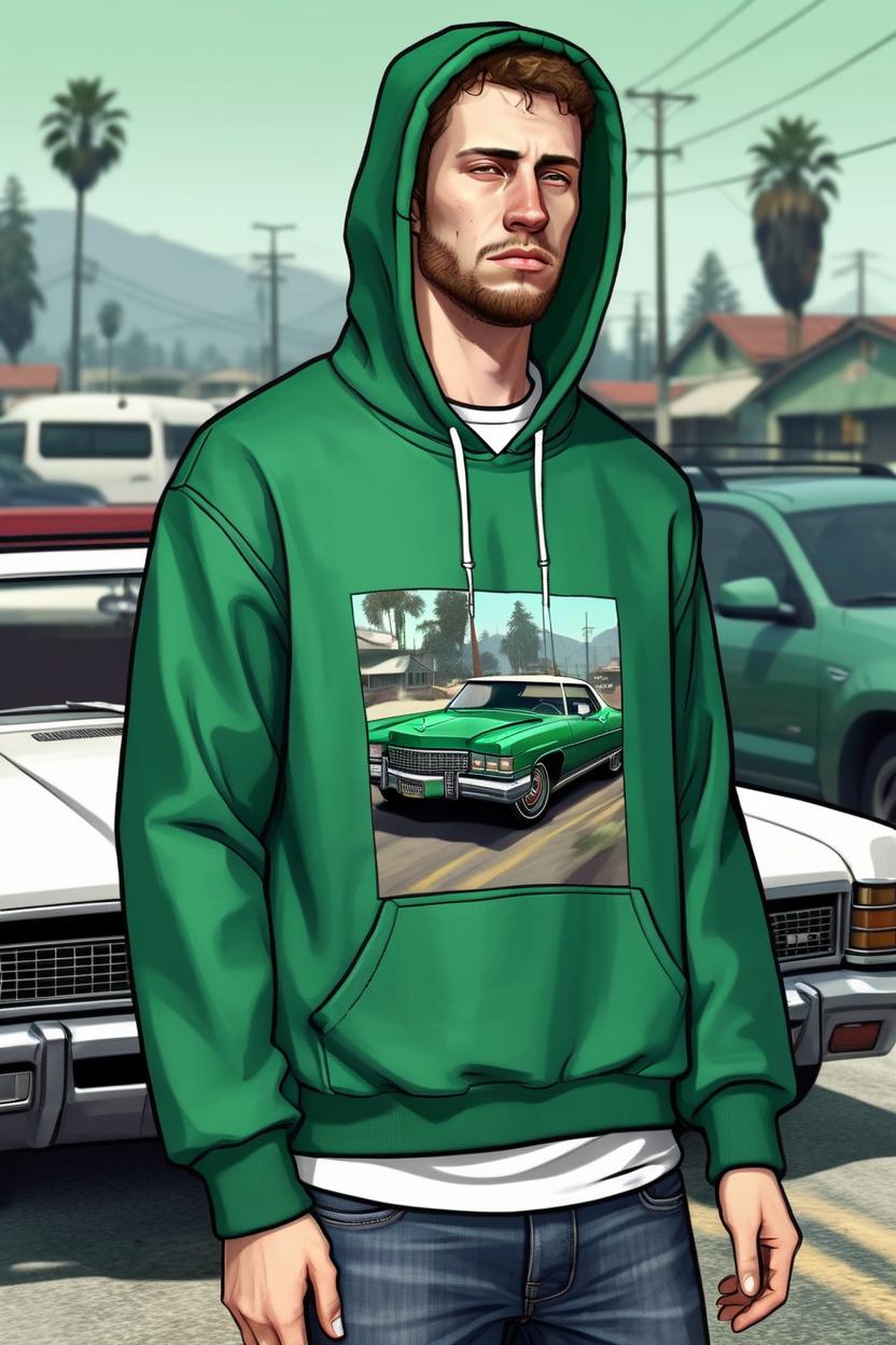 Artificial Intelligence (AI) generated image art, ..., on a GTA San Andreas artwork, 2D digital art style, GTA art, as a cool gangster, dressed in jeans and green hoodie, a cadillac car in the background