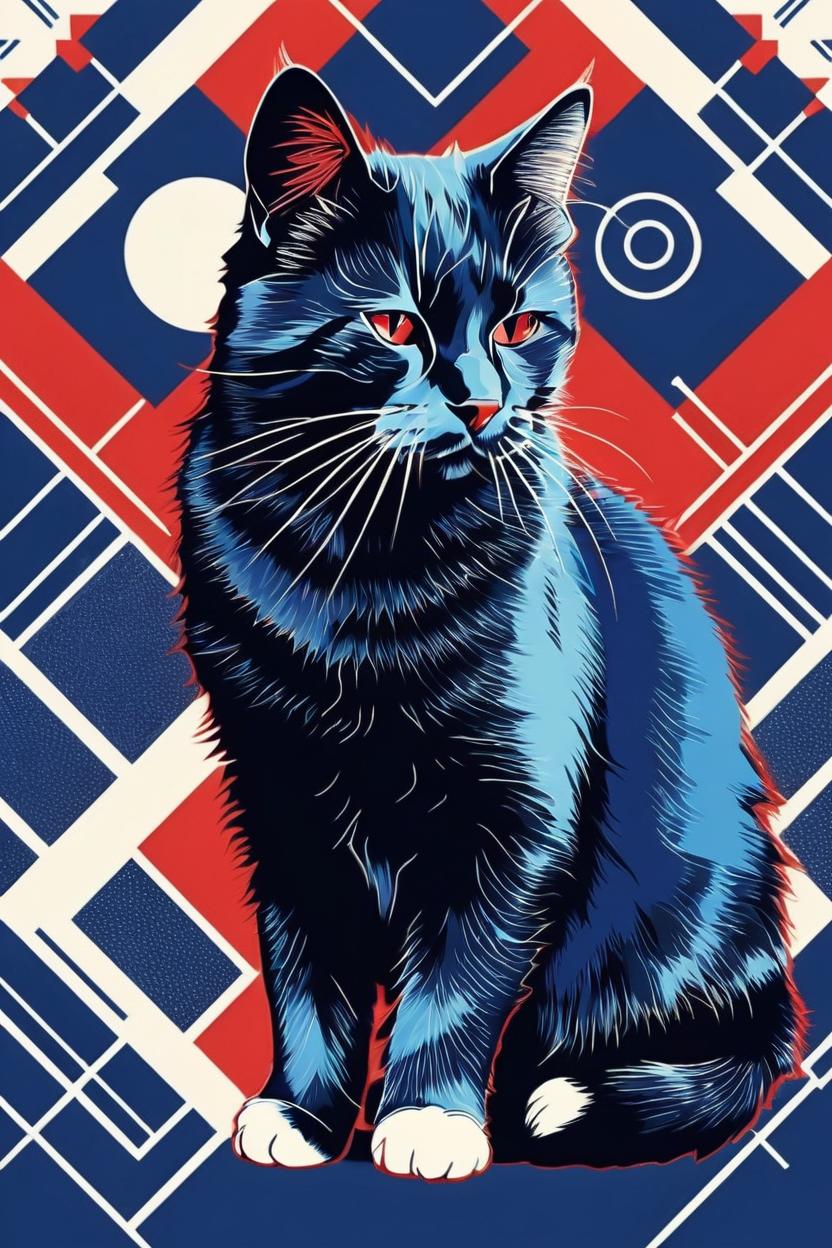 Artificial Intelligence (AI) generated image art, illustration of ..., art deco style, with blue and red geomtric background