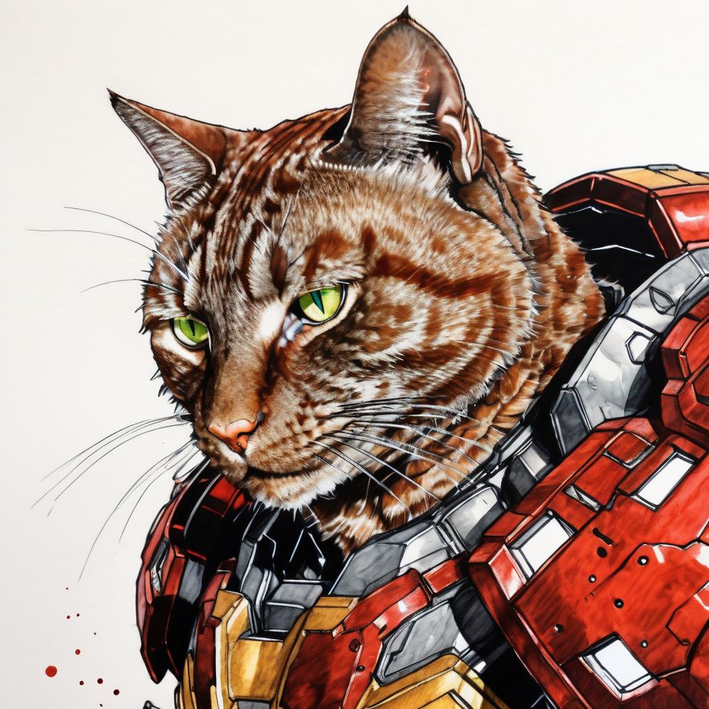 Artificial Intelligence (AI) generated image art, ..., in Hulkbuster armor, portrait, concept art, colored ink drawing, Yoji Shinkawa style