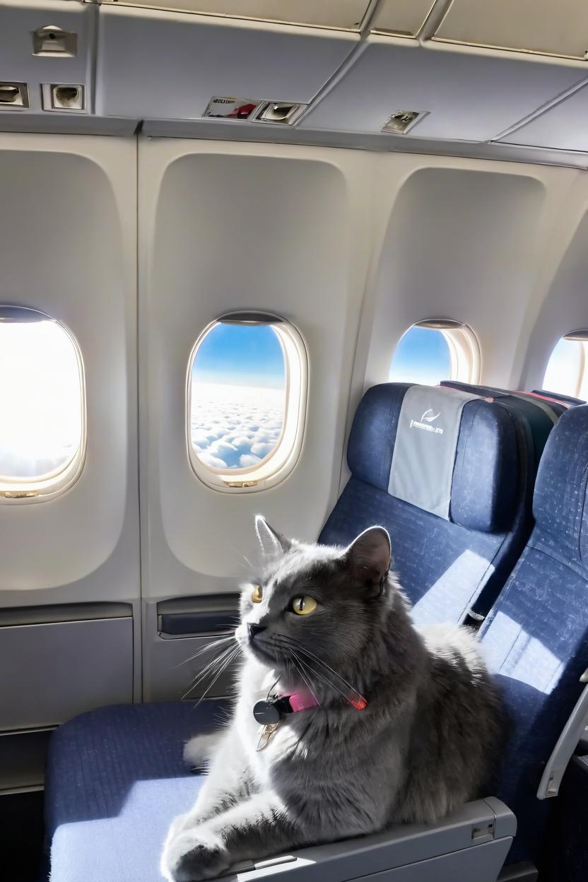 Artificial Intelligence (AI) generated image art, ..., nebelung cat sitting in center seat on an airliner, looking towards the aisle, and having her own dedicated seat in the middle of a three row seat on an airbus or boeing airliner cabin, while airplane at flight level above the clouds, sunny day, white clouds visible outside the airplane windows