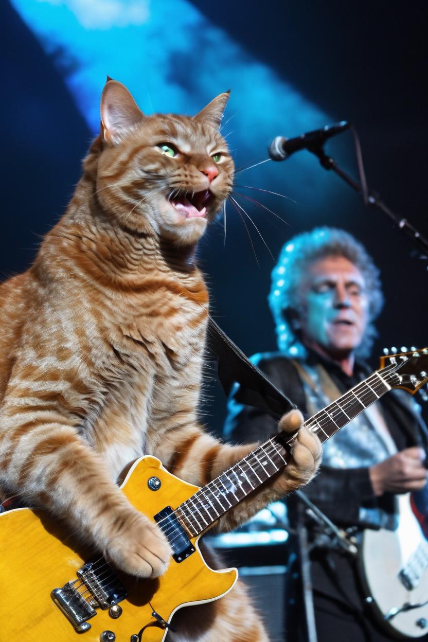 Artificial Intelligence (AI) generated image art, ..., as a happy rock star playing guitar on stage with Roger Daltrey singing in background