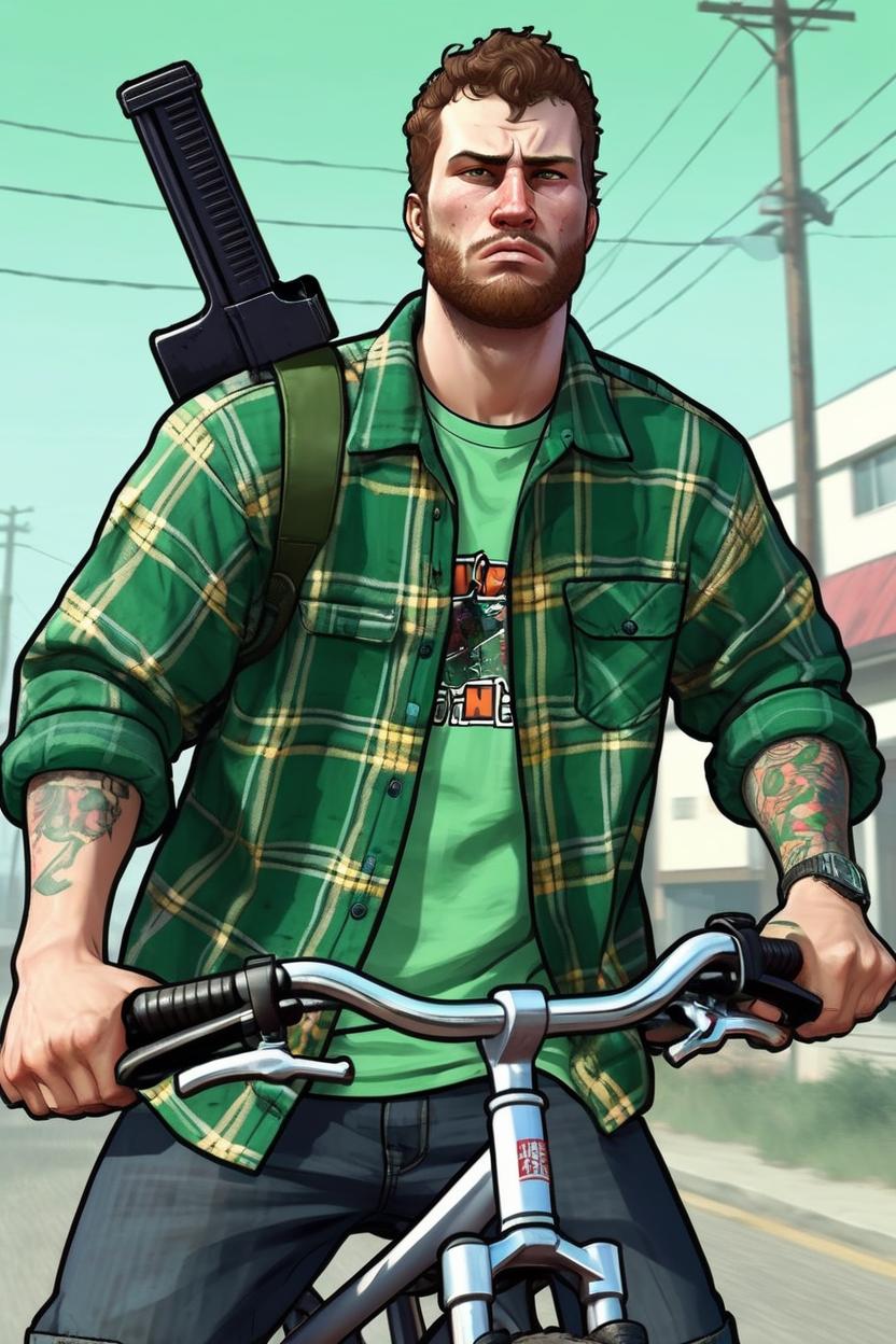 Artificial Intelligence (AI) generated image art, ..., on a GTA San Andreas artwork, 2D digital art style, GTA art, as an angry gangster, dressed in oversize green plaid button-down shirt, riding on a BMX bike, holding the bike's handlebar with one hand, in the other hand holding a gun