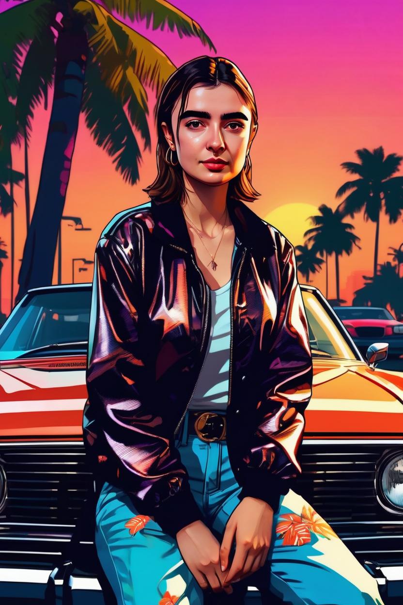 Artificial Intelligence (AI) generated image art, ..., on a GTA IV original poster, in a GTA art style, in 2D digital art, as a beautiful gangster woman, sitting on a hood of an expensive, retro car, Miami street in the background, plam trees and sunset, vibrant colors