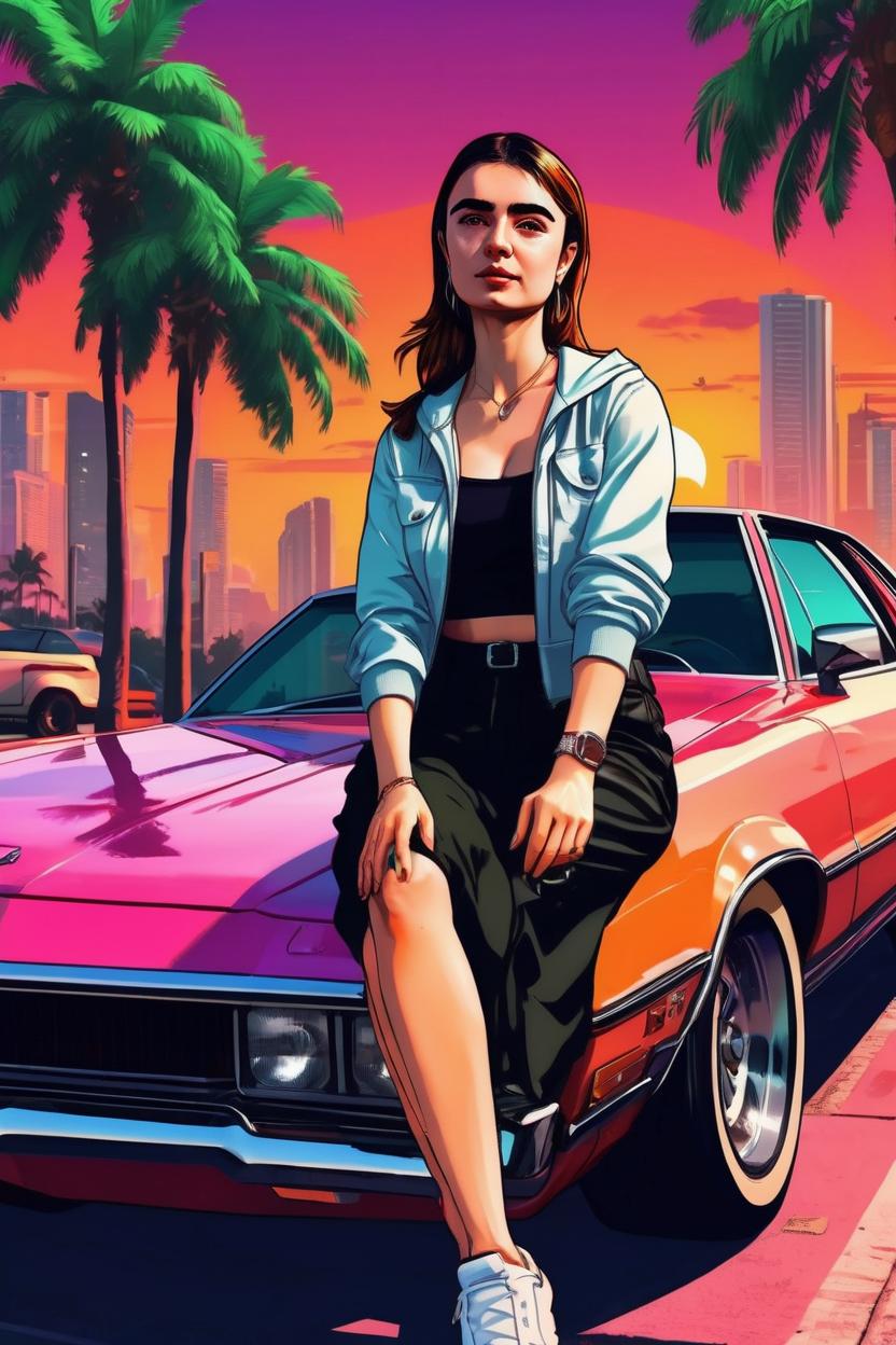 Artificial Intelligence (AI) generated image art, ..., on a GTA IV original poster, in a GTA art style, in 2D digital art, as a beautiful gangster woman, sitting on a hood of an expensive, retro car, Miami street in the background, plam trees and sunset, vibrant colors
