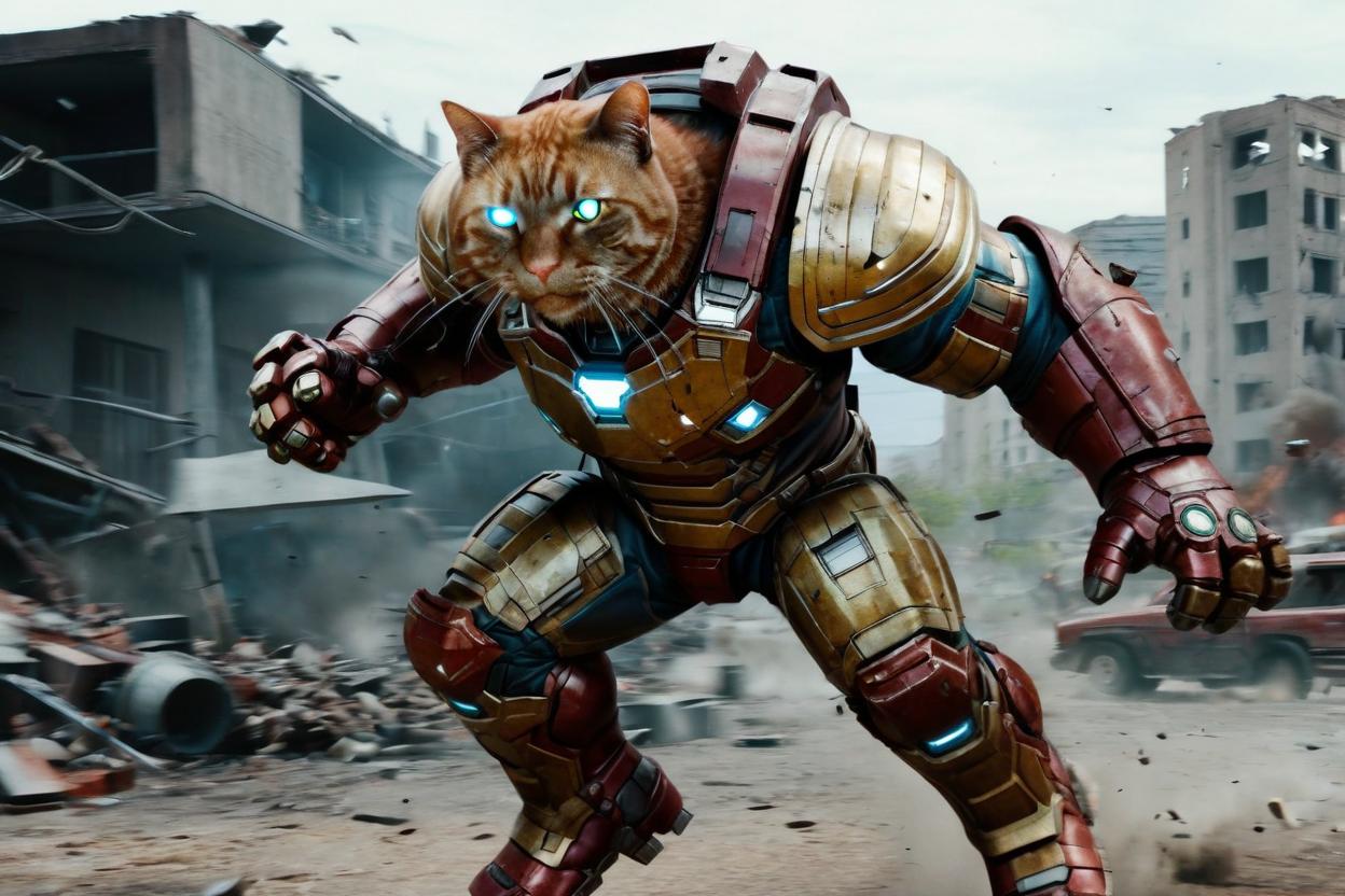 Artificial Intelligence (AI) generated image art, ..., in Hulkbuster armor on a war-torn battlefield, running from shelling