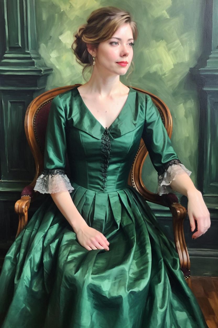 Artificial Intelligence (AI) generated image art, ..., young, seated, portrait oil painting on canvas, wearing a formal green dress, moody background of victorian architecture, in the style of ((Jamie Coreth)).