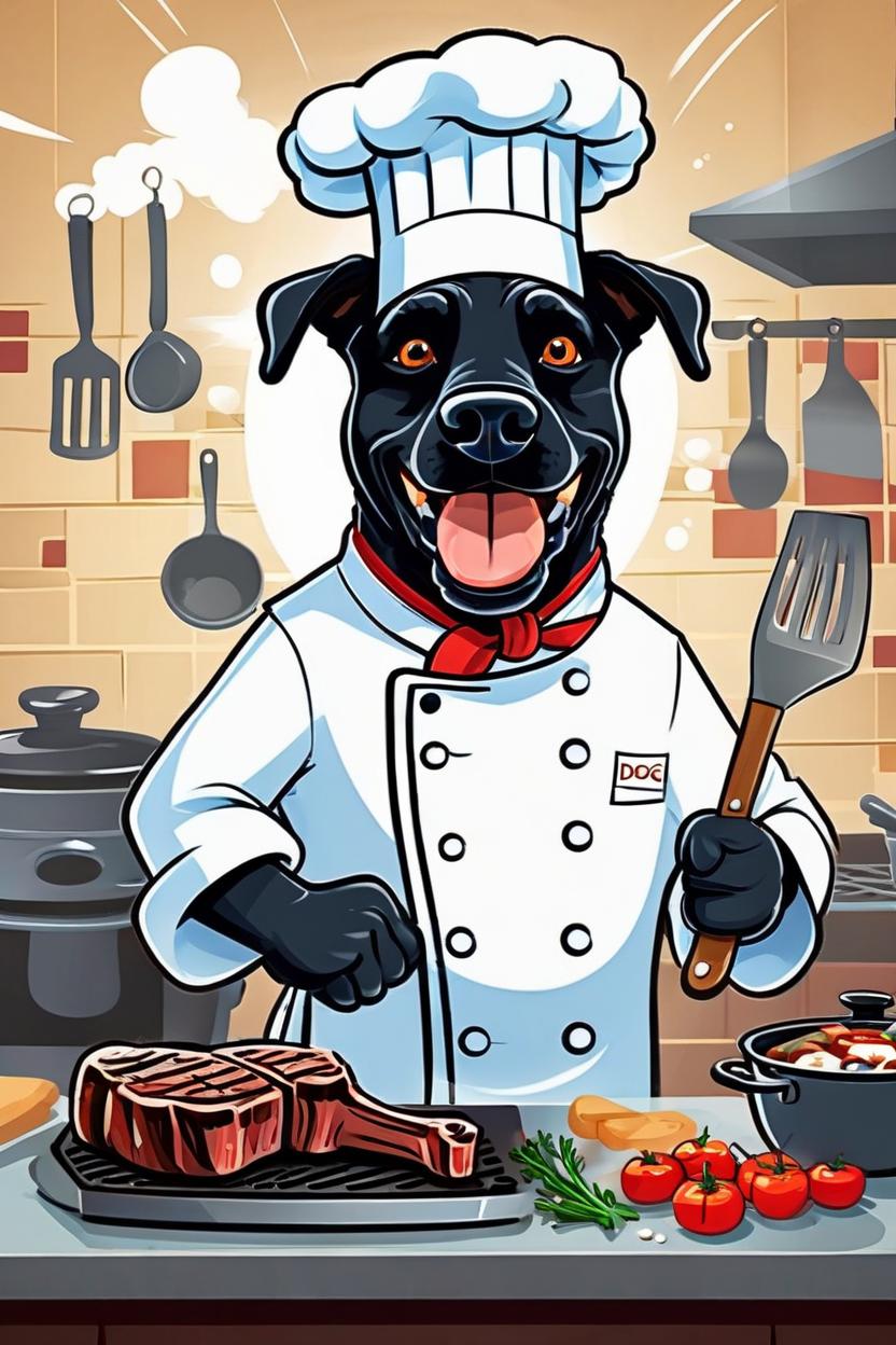 Artificial Intelligence (AI) generated image art, ((...)), cartoon style, as a chef, cooking porterhouse steak