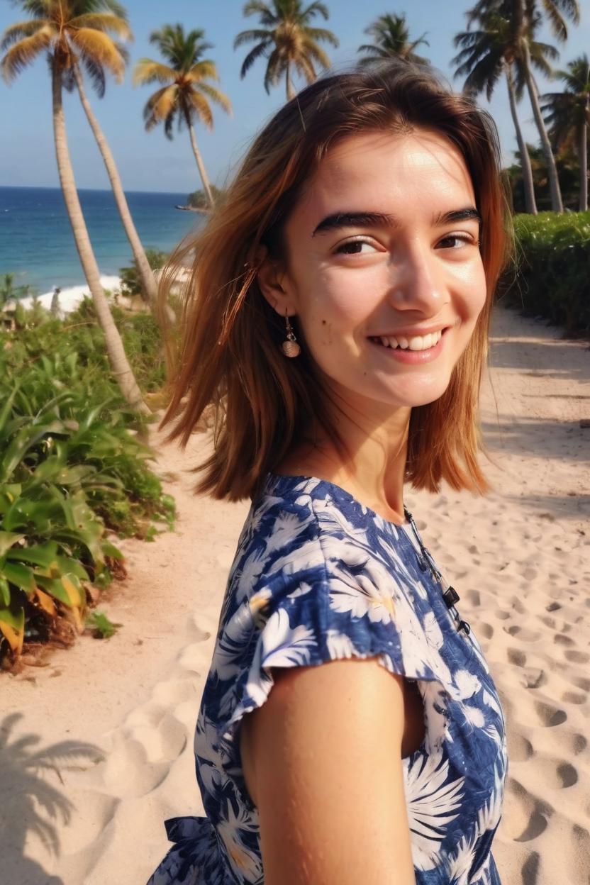 Artificial Intelligence (AI) generated image art, ..., as beautiful female chanel model, taking a selfie, on a tropical beach with ocean and plam trees in the background, looking happy and smiling, dressed in a fashionable summer dress, 4k photography, realistic