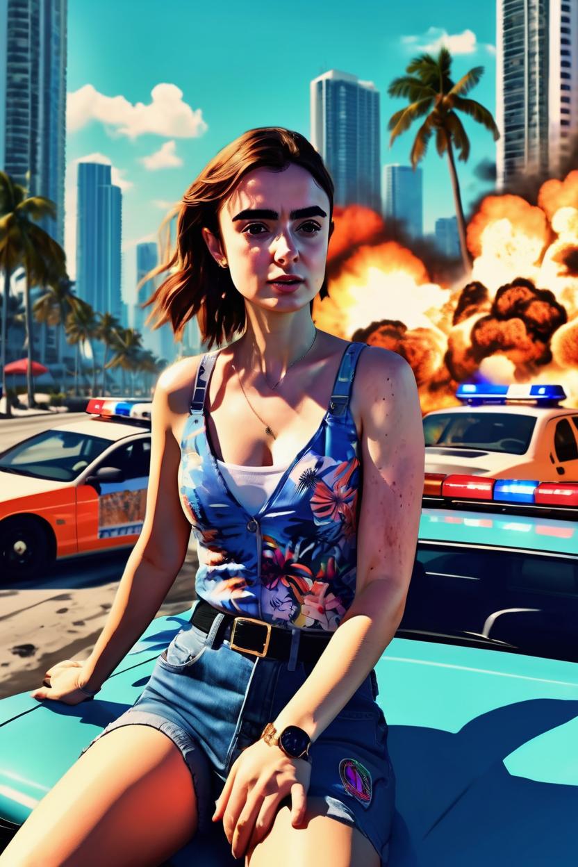 Artificial Intelligence (AI) generated image art, art of ..., on a GTA IV original poster, in a GTA art style, in 2D digital art, as a beautiful woman, sitting on a sunbed, on a Miami beach, police car chase on a street behind her, ((huge explosion in the background))