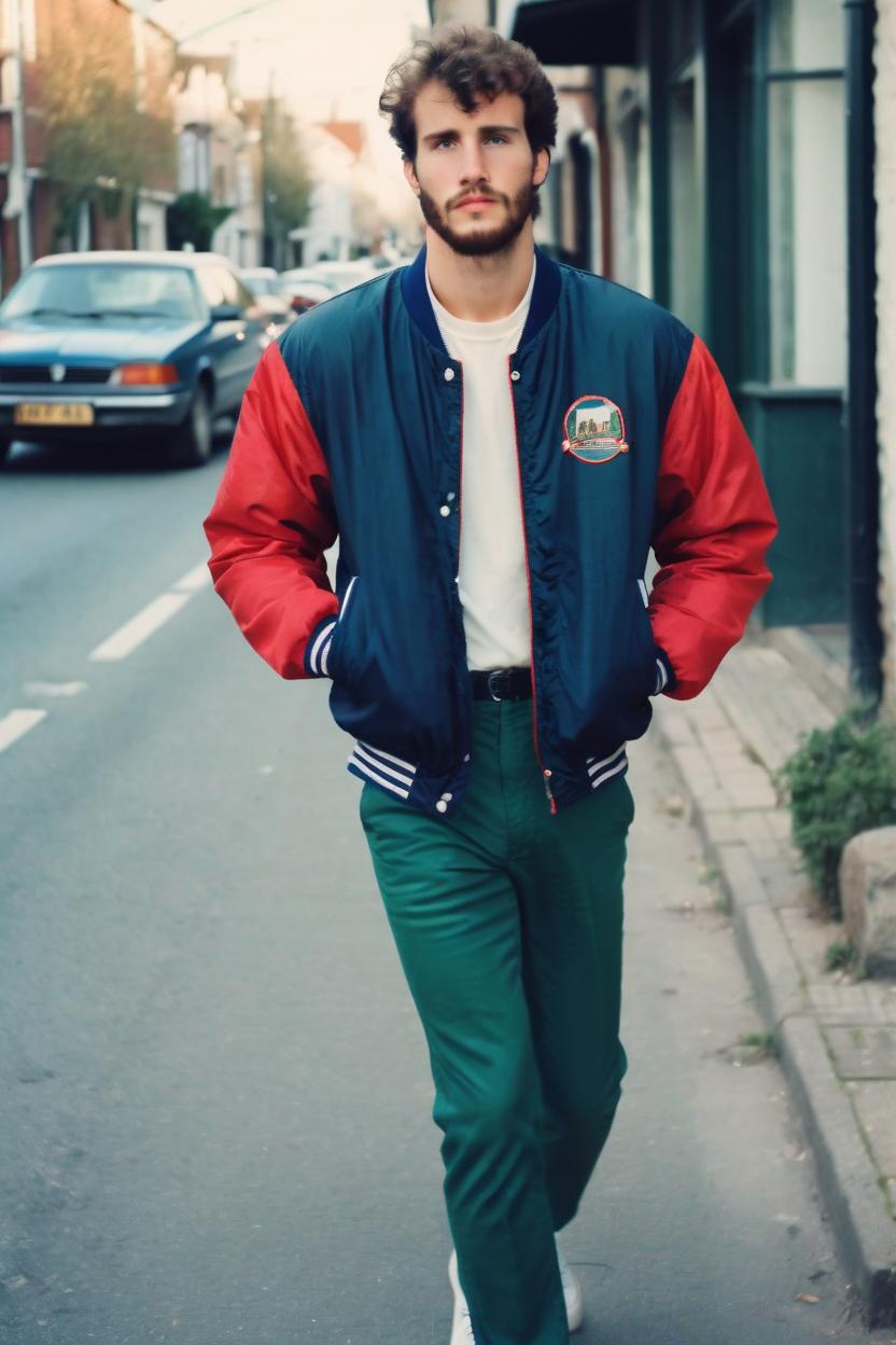 Artificial Intelligence (AI) generated image art, ..., as a handsome man, on a vintage 80s photo, ((analog photography)), dressed in 80s mans fashion, wearing an varsity jacket, walking down the street, full body portrait