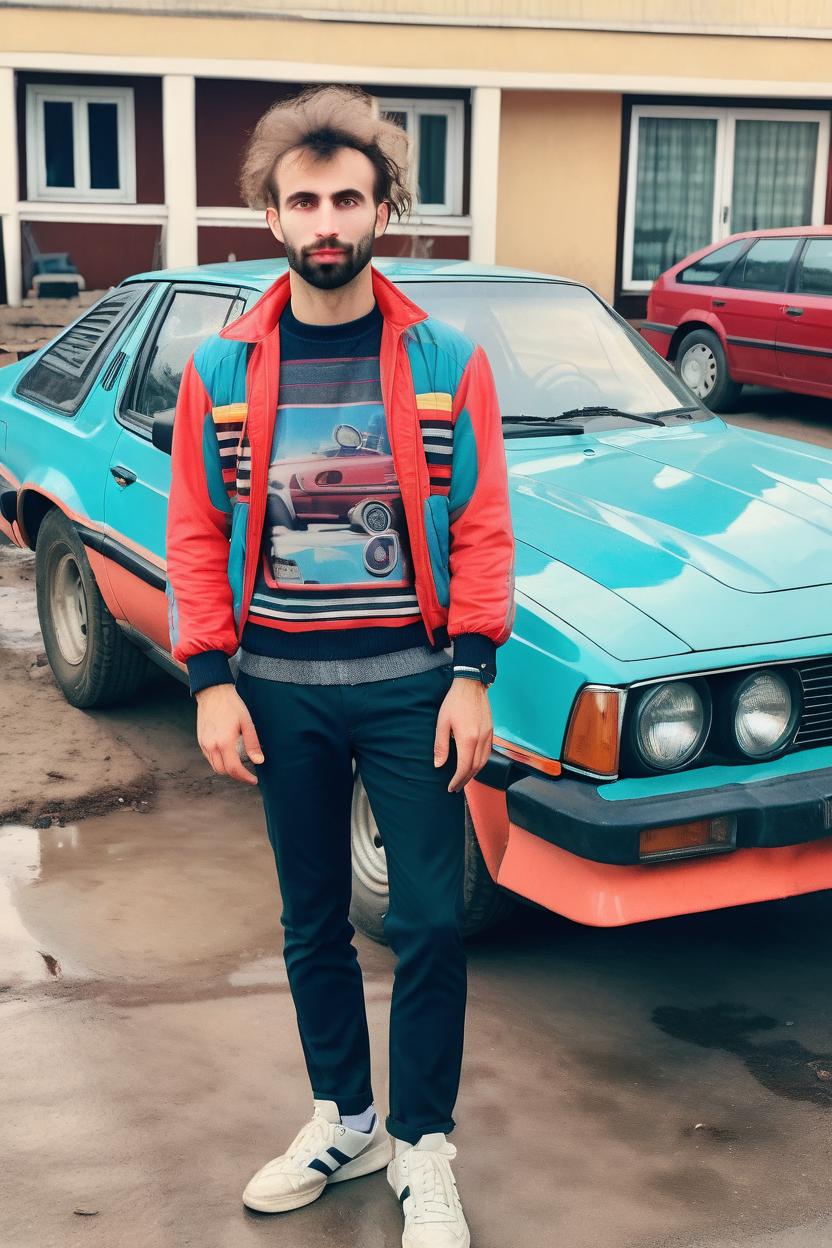 Artificial Intelligence (AI) generated image art, ..., on an 80s photo, ((on a vintage analog photography)), dressed in 80s fashion, ((standing in front of an 80s sports car)), full body photo, realistic, highly-detailed image