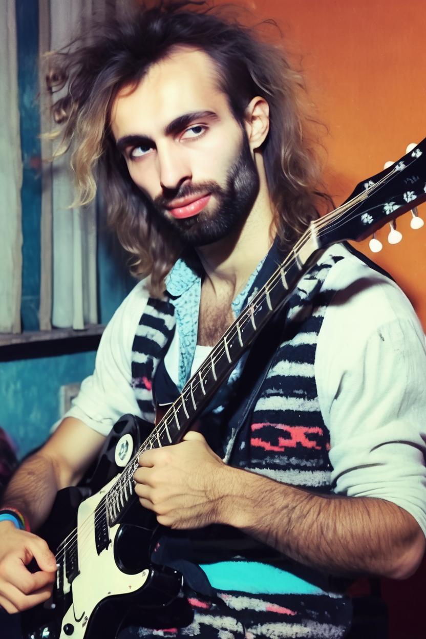 Artificial Intelligence (AI) generated image art, ..., on an 80s photo, ((vintage analog photography)), as an 80s rockstar, playing a guitar, with long hair, ((dressed in 80s mans fashion))